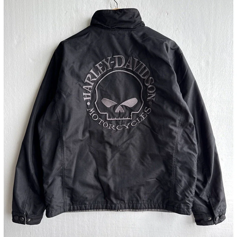 VTG Harley-Davidson Men's Large Black/Gray Reversible Full Zip Bomber Jacket